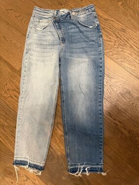 Two-Tone Light Blue Distressed Hem Jeans